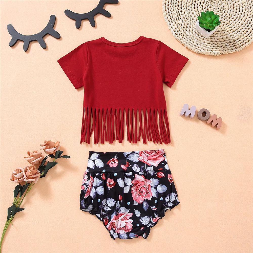 Girls Letter Mamas Mini Printed Short Sleeve Tassel Top & Floral Shorts wholesale childrens clothing