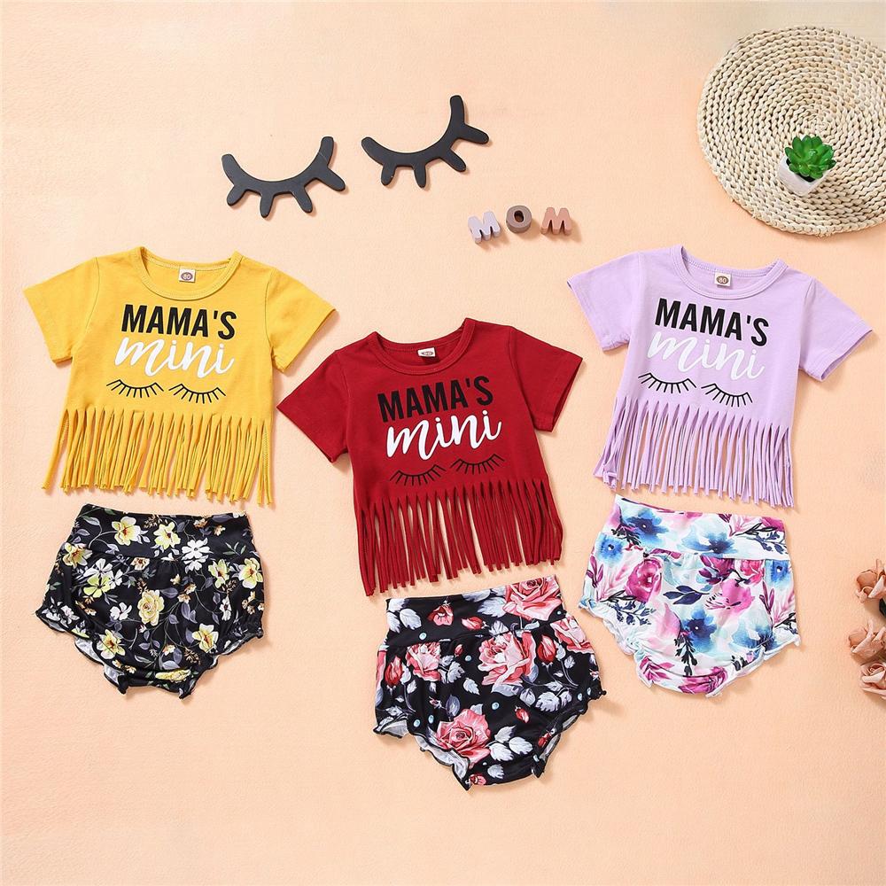 Girls Letter Mamas Mini Printed Short Sleeve Tassel Top & Floral Shorts wholesale childrens clothing
