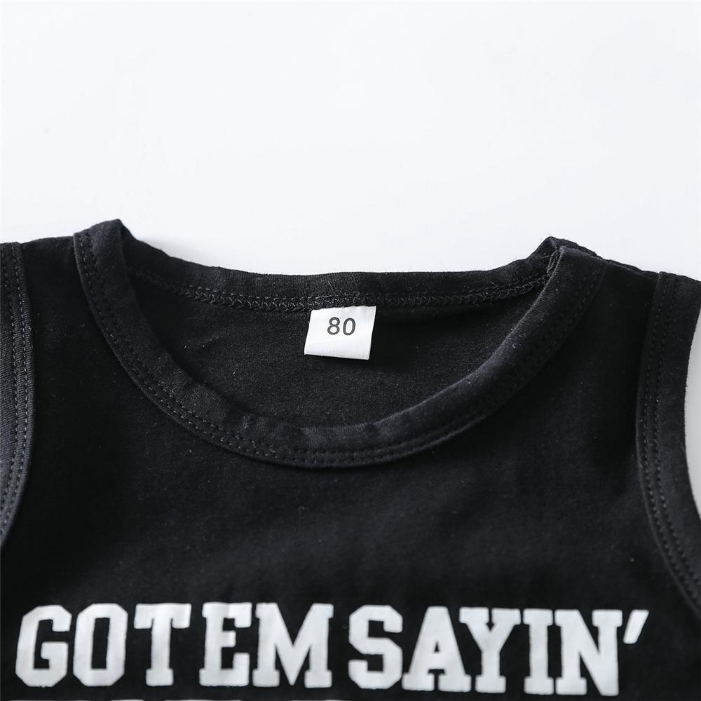 Unisex Letter Printed Black Sleeveless Top & Denim Ripped Shorts childrens wholesale clothing