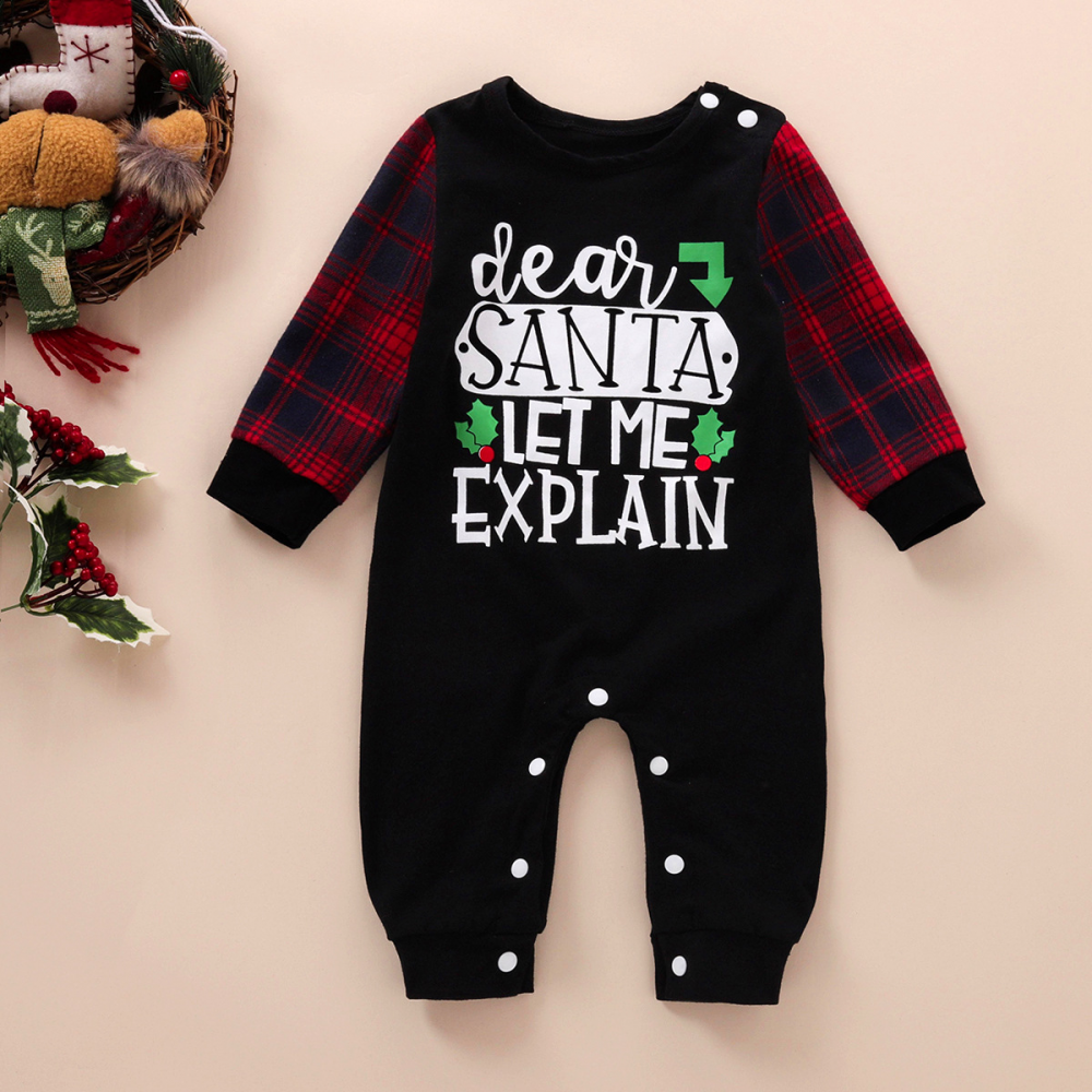 Baby Letter Printed Christmas Long Sleeve Plaid Romper Baby Clothes Cheap Wholesale