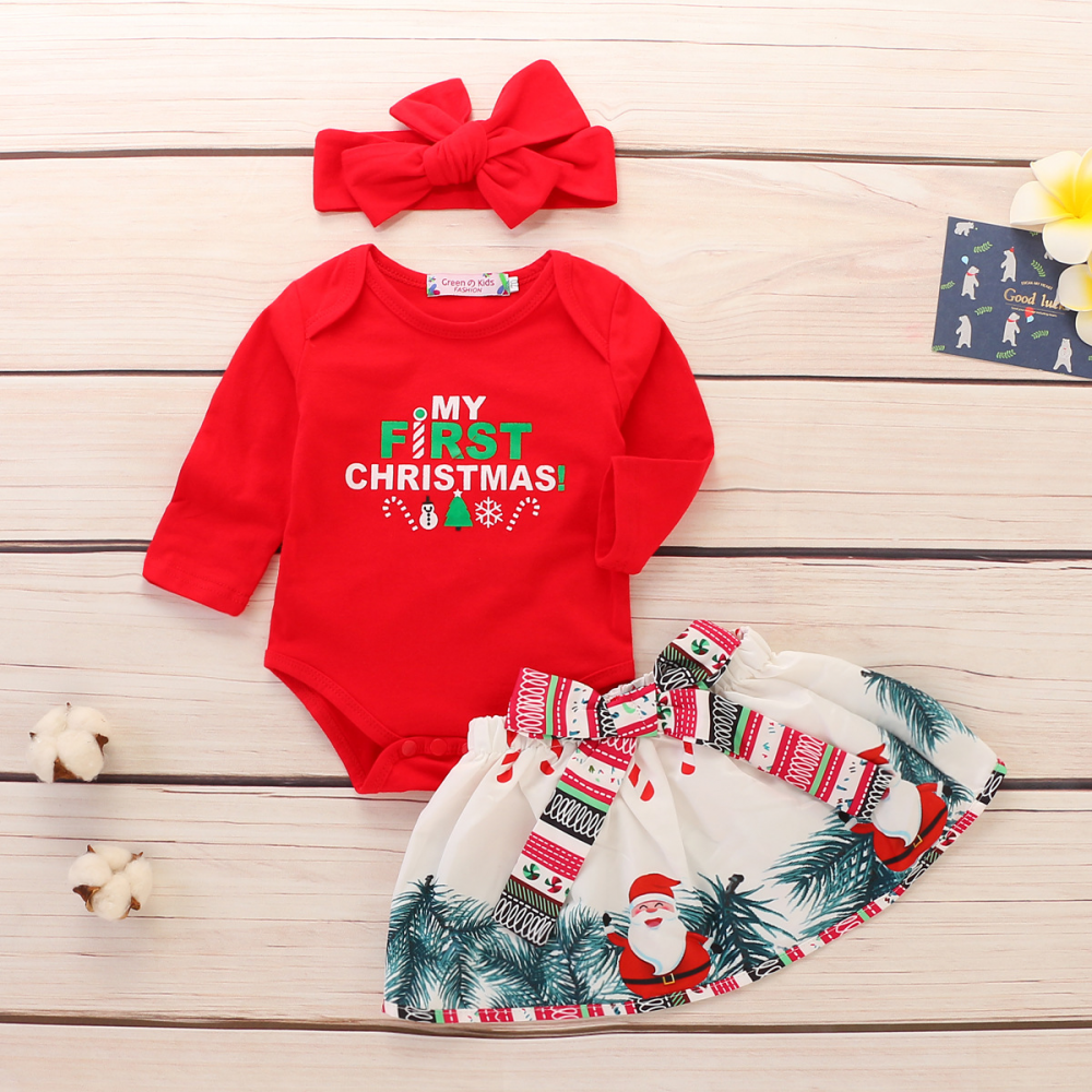 Baby Girls Letter Printed Christmas Long Sleeve Romper & Skirt & Headband baby clothing wholesale