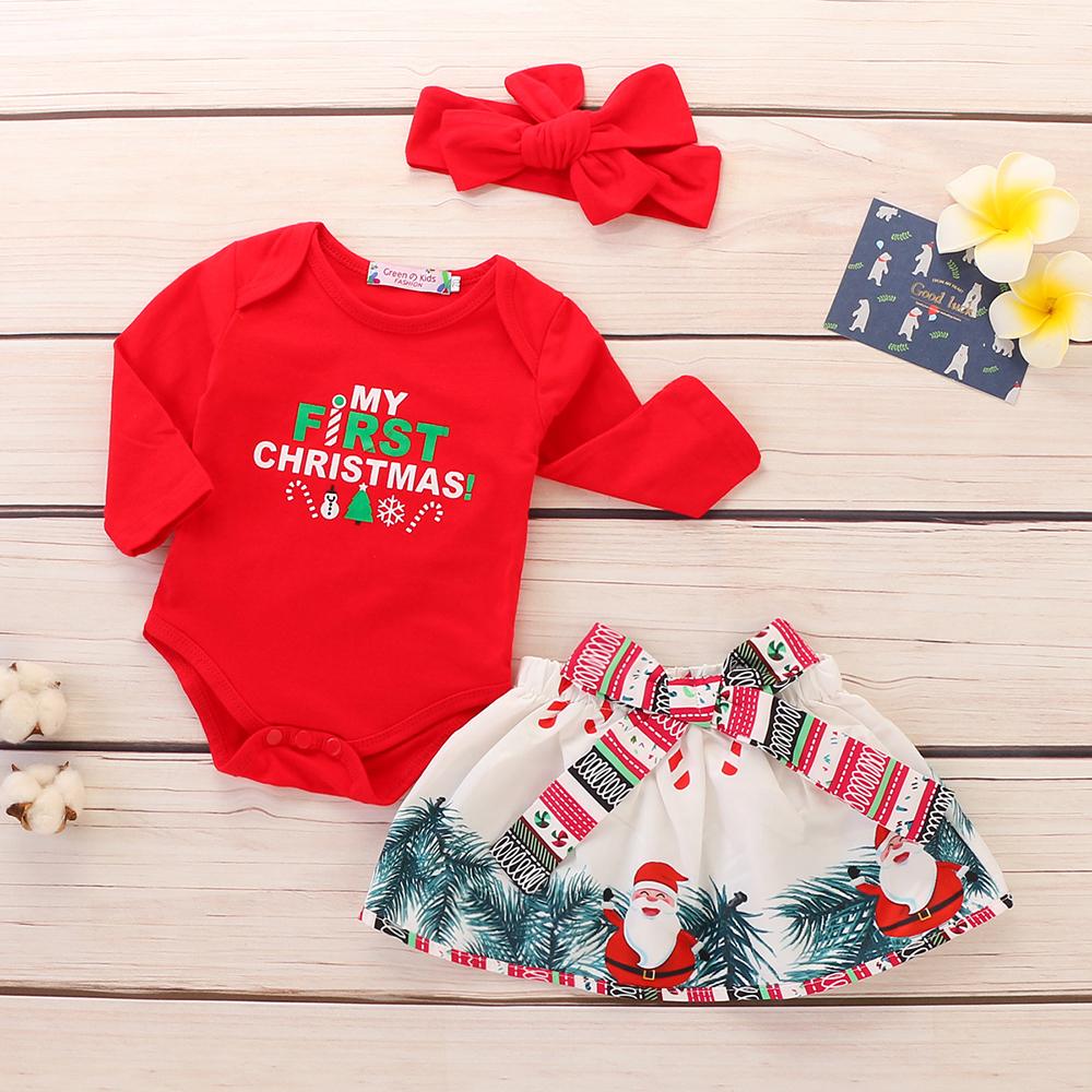 Baby Girls Letter Printed Christmas Long Sleeve Romper & Skirt & Headband baby clothing wholesale