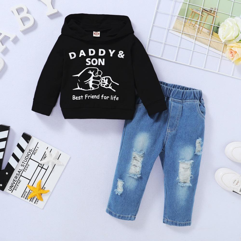 Boys Letter Printed Long Sleeve Hooded Top & Jeans boys wholesale clothing