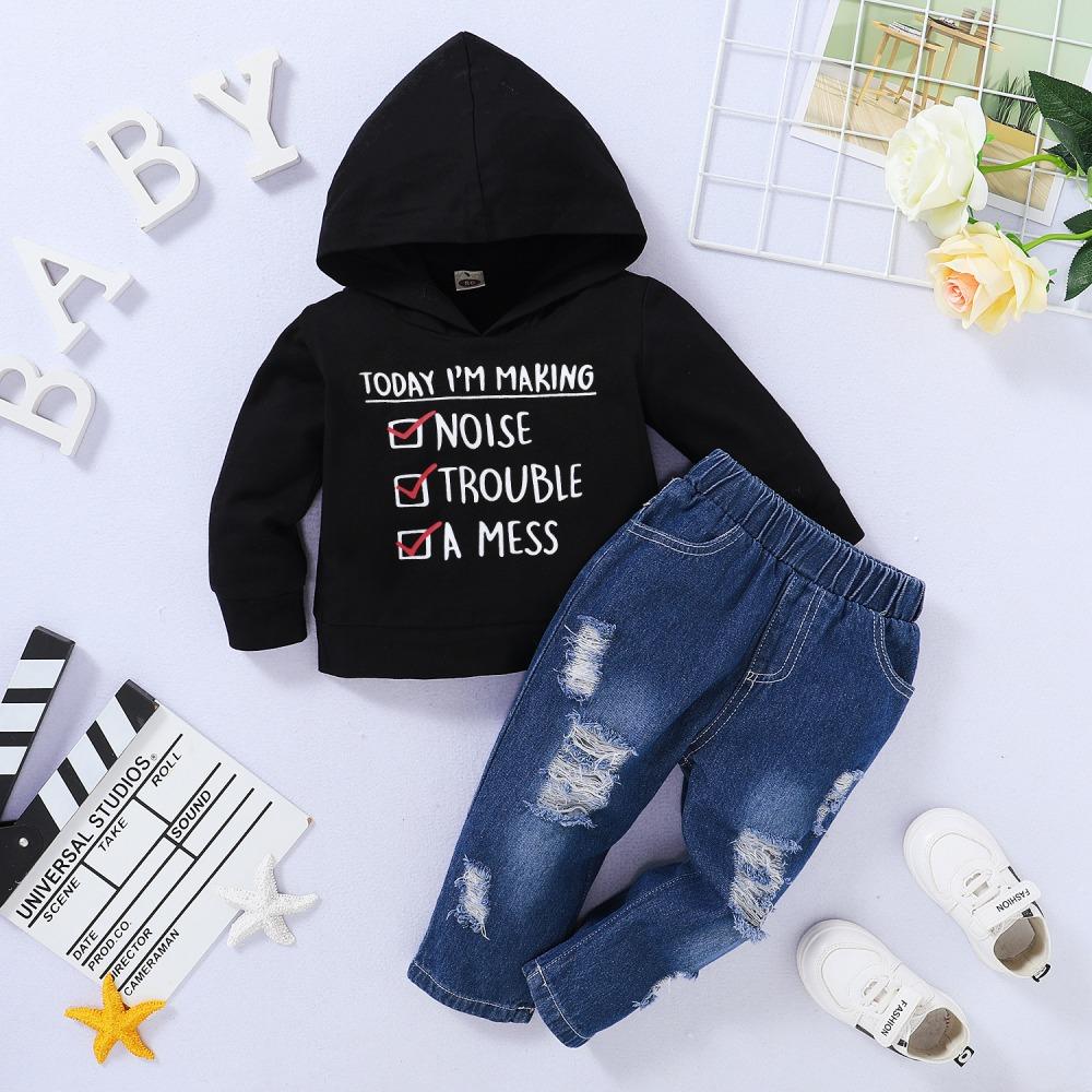 Boys Letter Printed Long Sleeve Hooded Top & Jeans wholesale kids boutique clothing