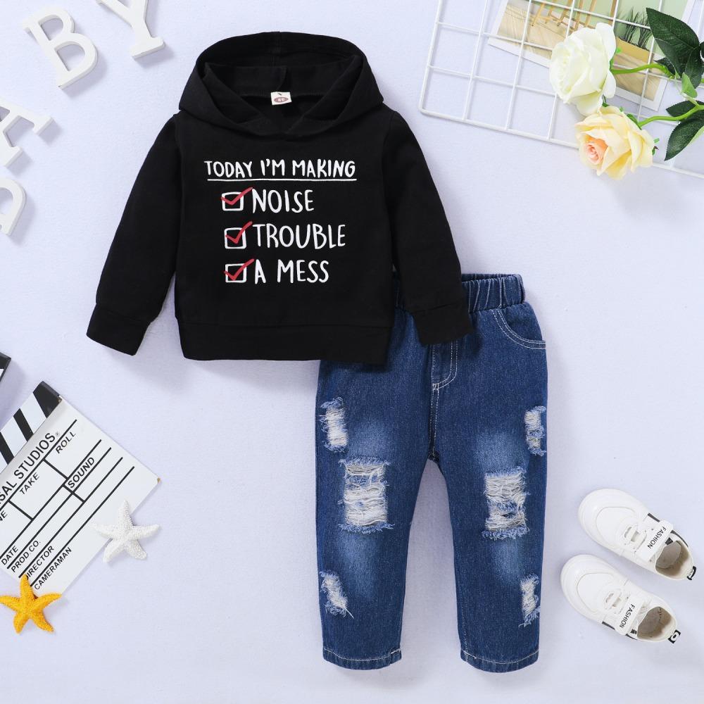 Boys Letter Printed Long Sleeve Hooded Top & Jeans wholesale kids boutique clothing