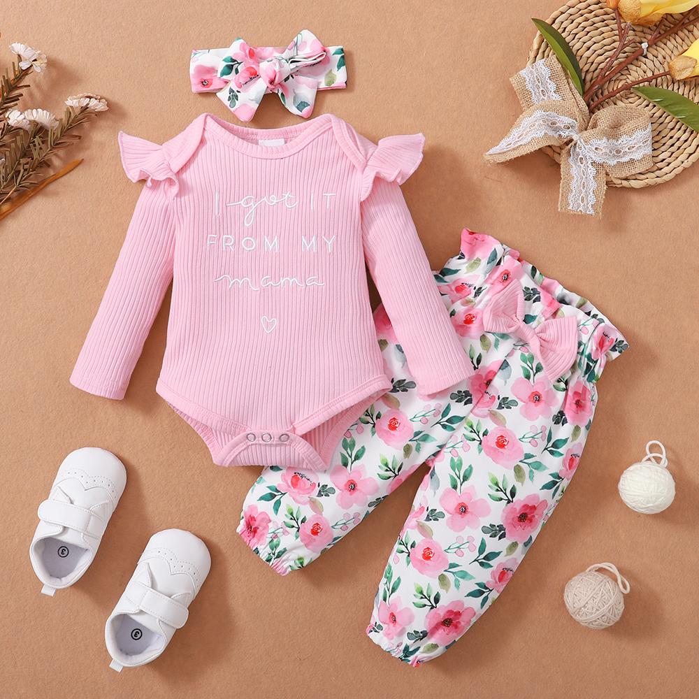 Baby Girls Letter Printed Long Sleeve Romper & Pants & Headband Wholesale Baby Clothes