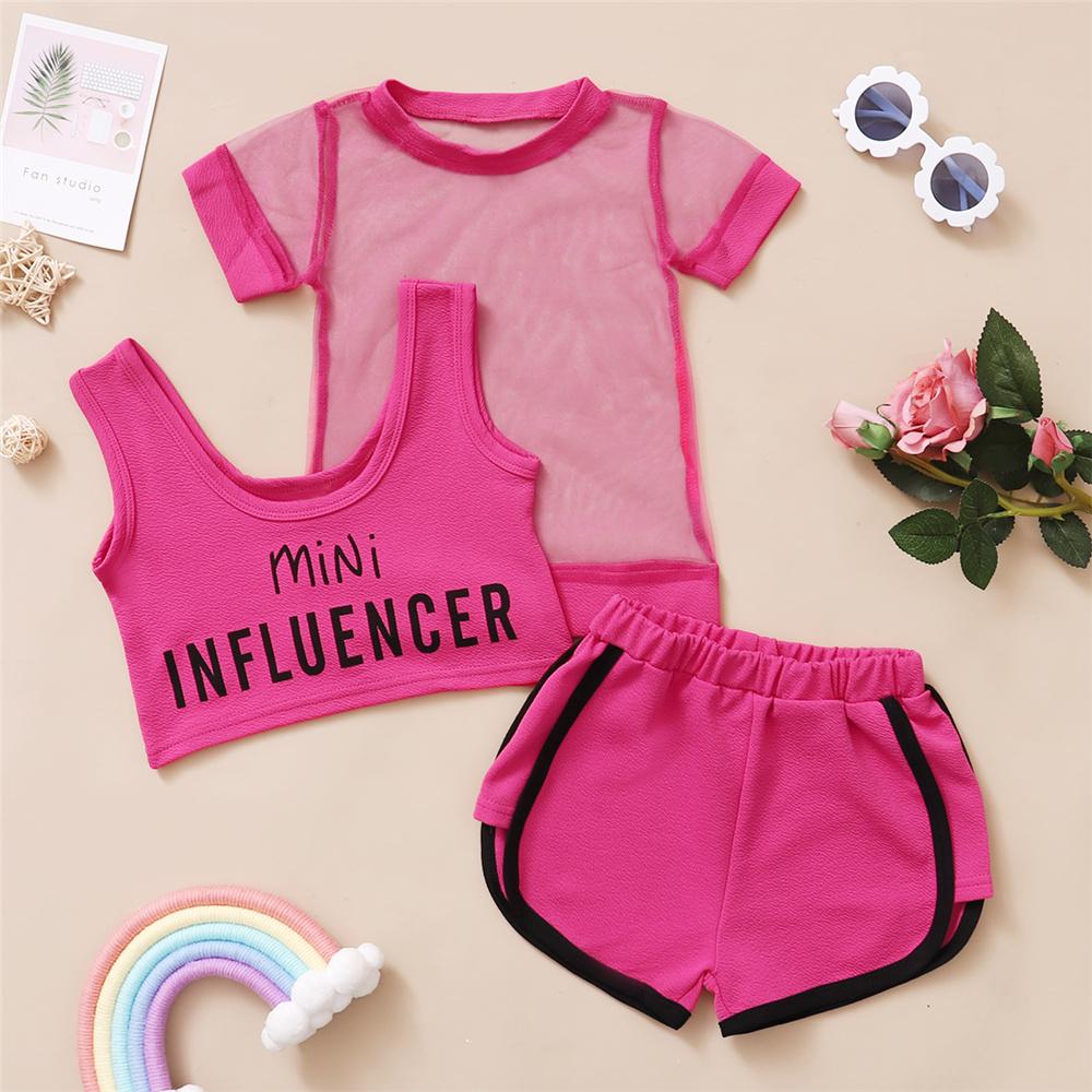 Girls Letter Printed Mini Sling Top & Mesh Top & Shorts wholesale kids clothing