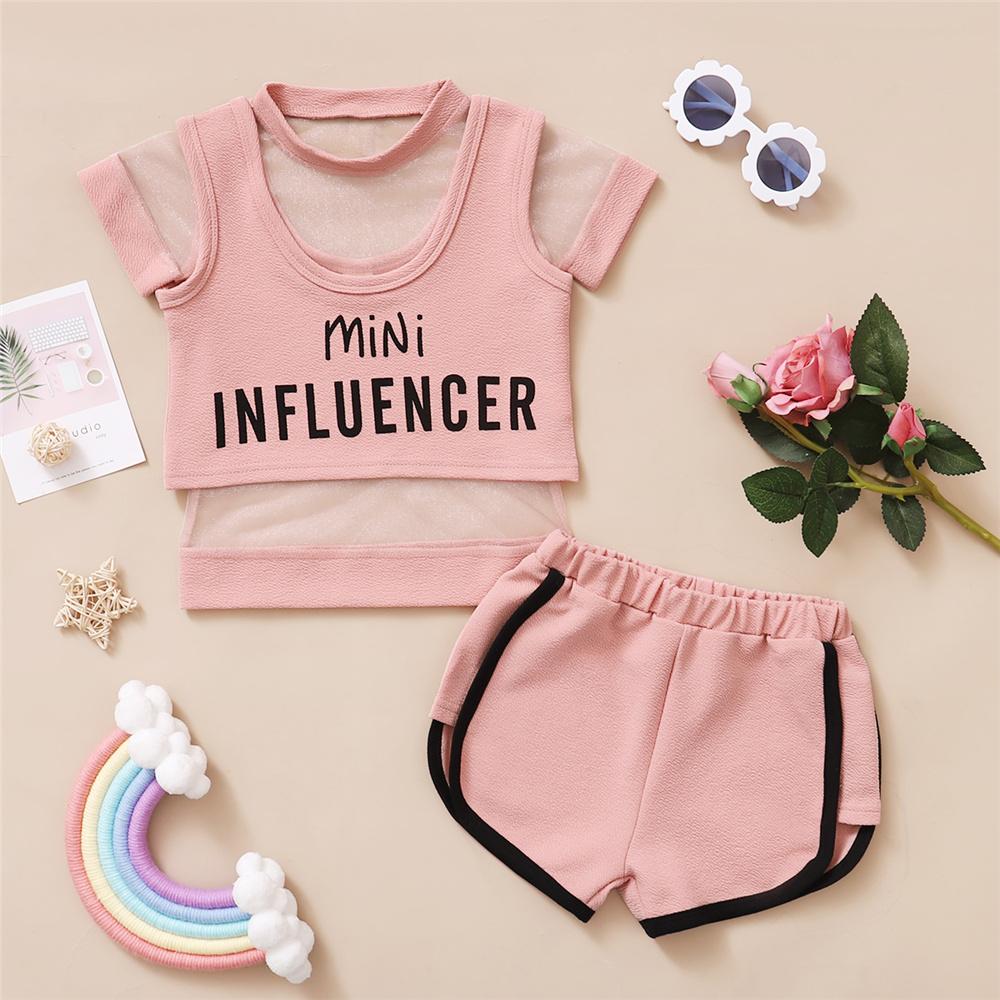 Girls Letter Printed Mini Sling Top & Mesh Top & Shorts wholesale kids clothing