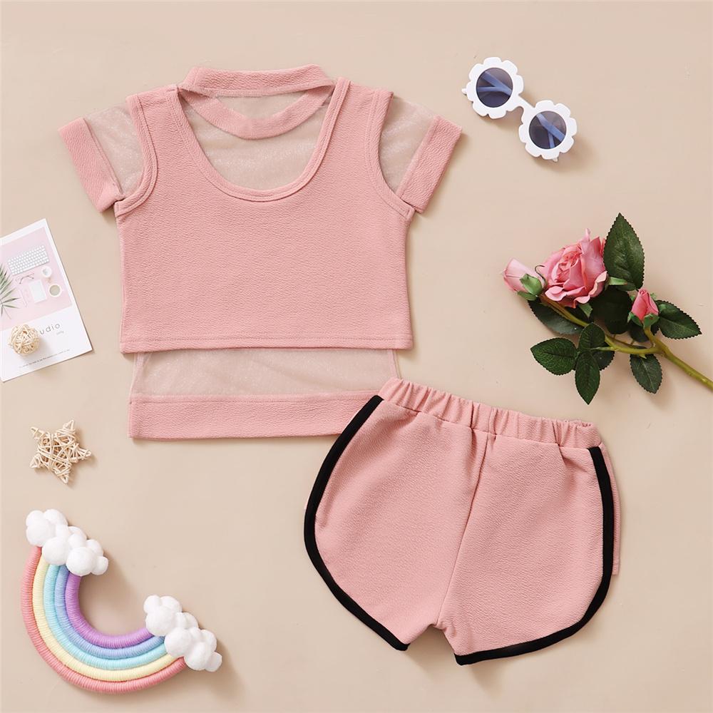 Girls Letter Printed Mini Sling Top & Mesh Top & Shorts wholesale kids clothing