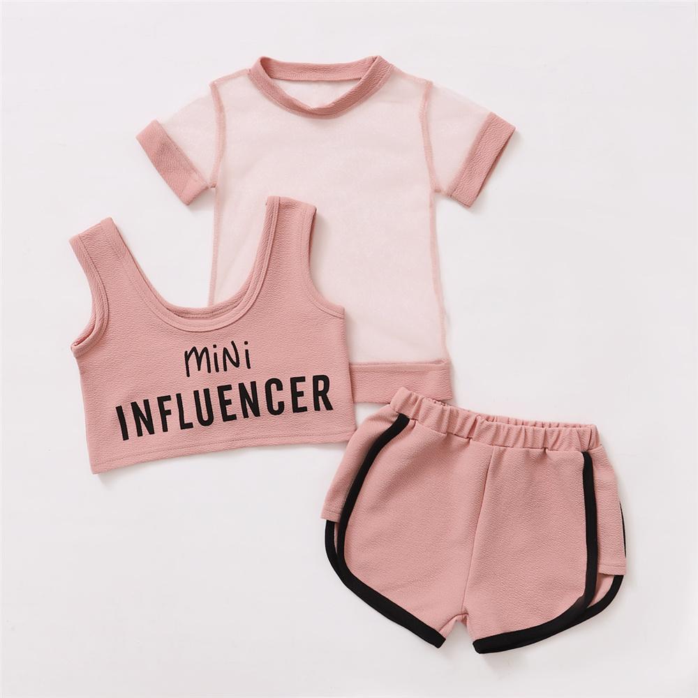 Girls Letter Printed Mini Sling Top & Mesh Top & Shorts wholesale kids clothing