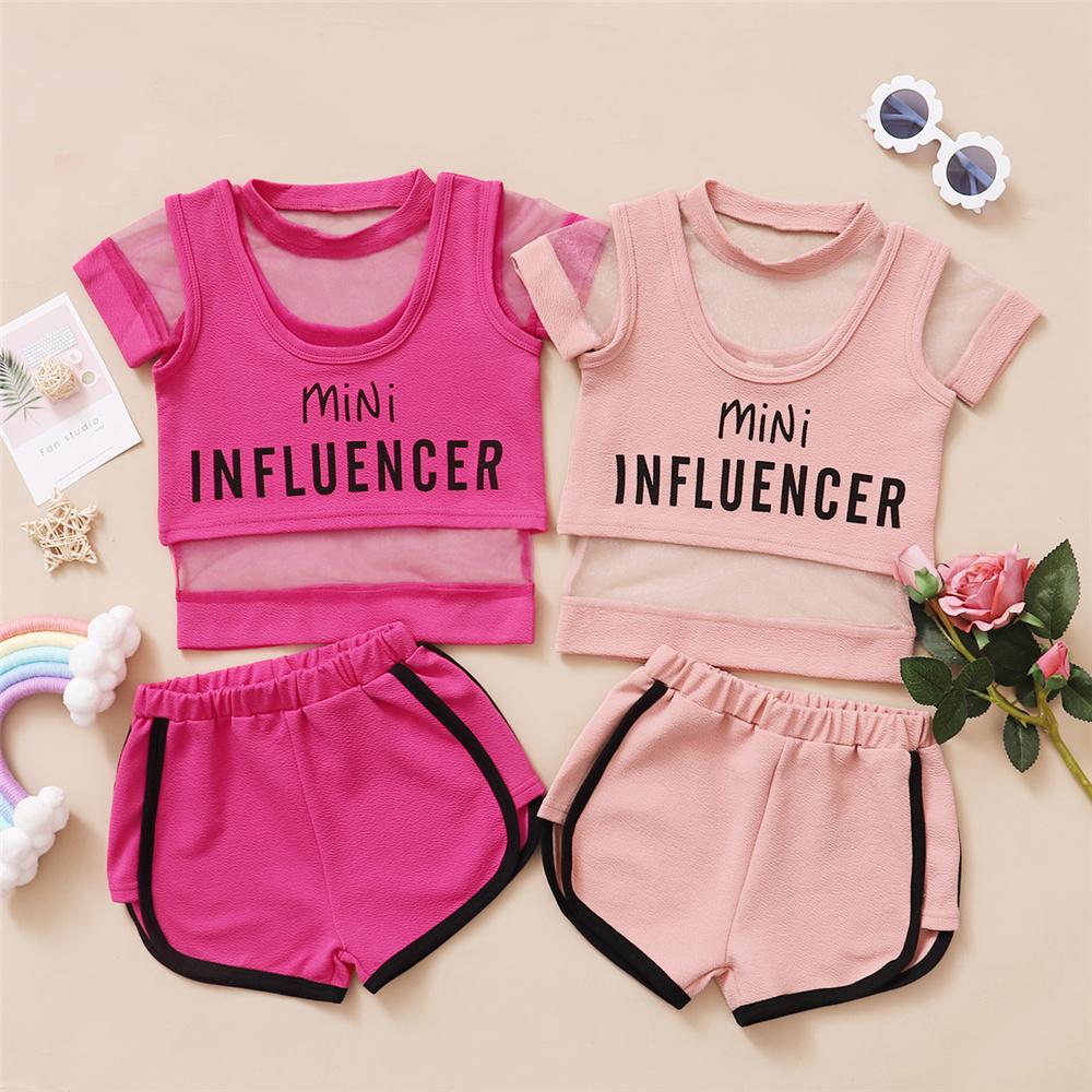 Girls Letter Printed Mini Sling Top & Mesh Top & Shorts wholesale kids clothing