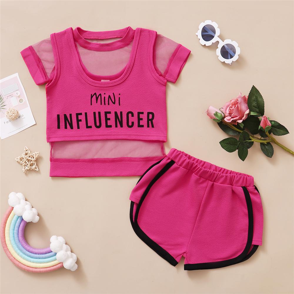 Girls Letter Printed Mini Sling Top & Mesh Top & Shorts wholesale kids clothing