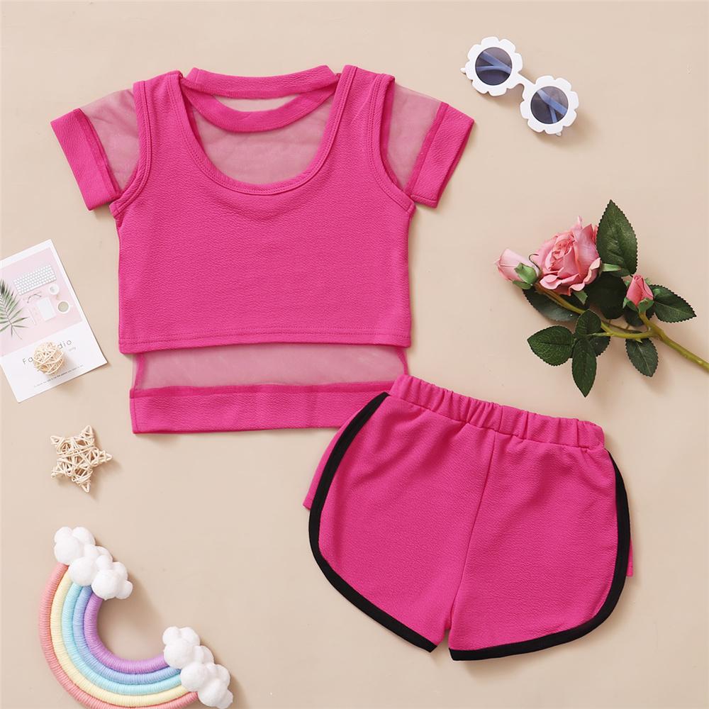 Girls Letter Printed Mini Sling Top & Mesh Top & Shorts wholesale kids clothing