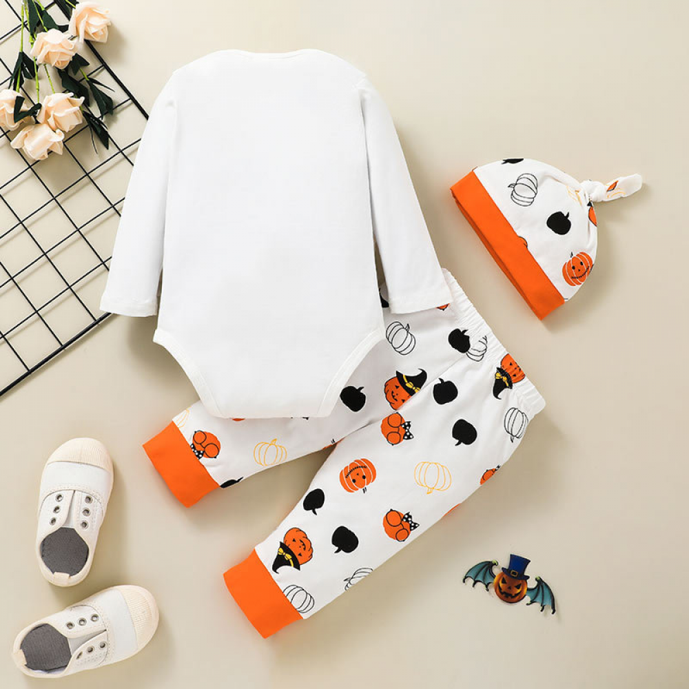 Baby Boys Letter Printed Pumpkin Long Sleeve Romper & Pants & Hat baby clothes wholesale