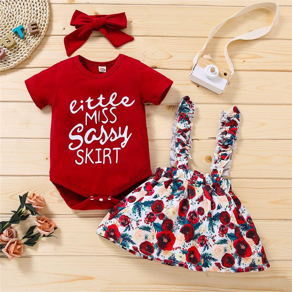 Baby Girls Letter Printed Short Sleeve Romper & Floral Suspender Skirt & Headband Wholesale Baby Clothes
