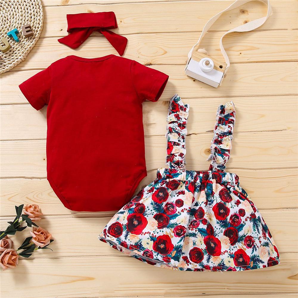 Baby Girls Letter Printed Short Sleeve Romper & Floral Suspender Skirt & Headband Wholesale Baby Clothes