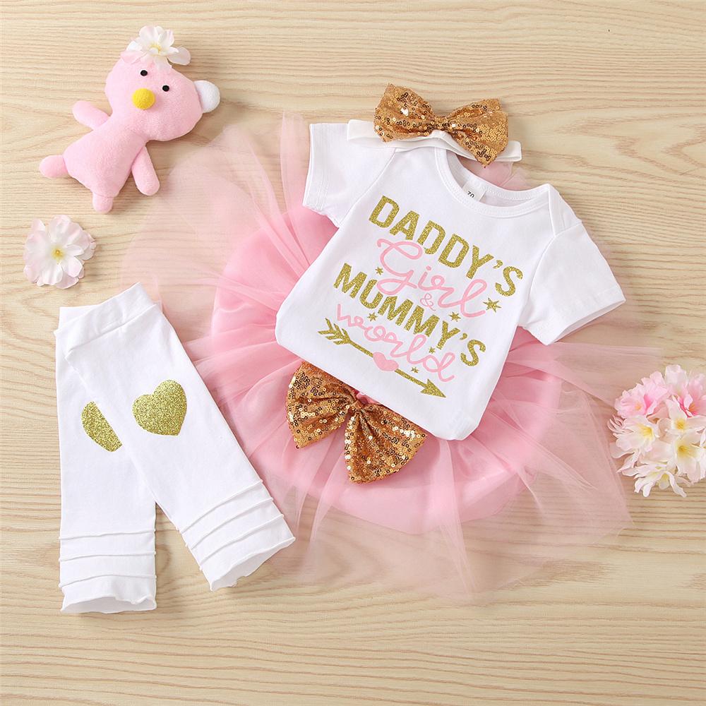 Baby Girls Letter Printed Short Sleeve Romper & Tutu & Headband & Socks cheap baby clothes wholesale