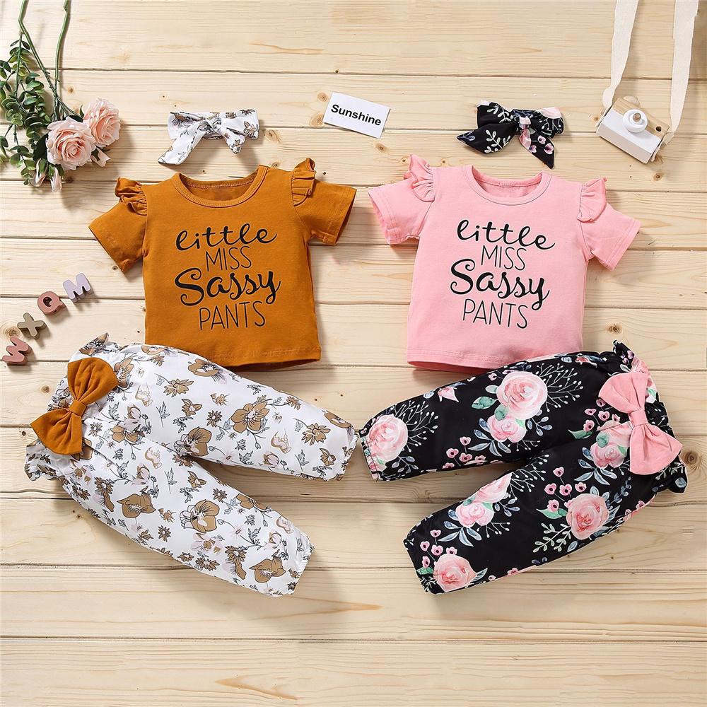 Girls Letter Printed Short Sleeve T-Shirts & Floral Printed Pants & Headband children's wholesale boutique clothing