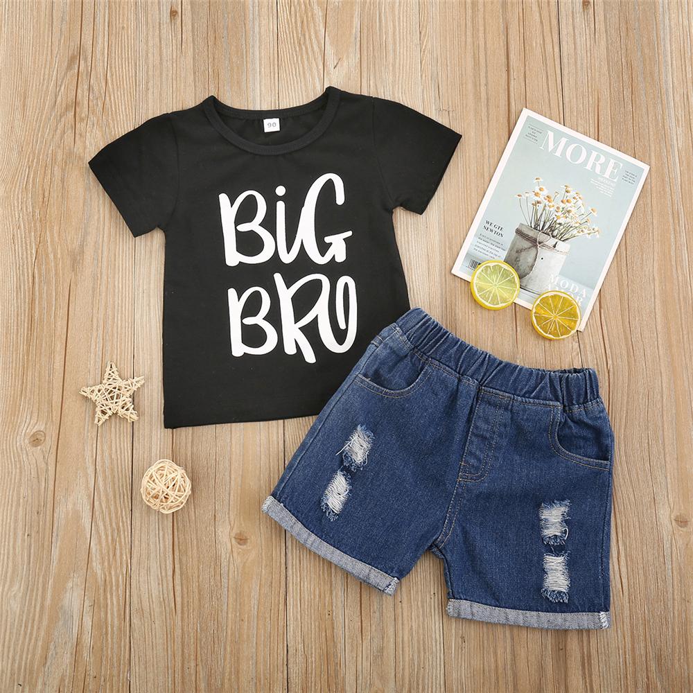 Boys Letter Printed Short Sleeve T-shirt & Denim Ripped Shorts Wholesale Toddler Boy Clothes