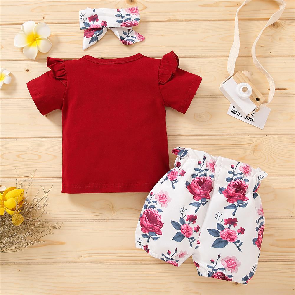 Girls Letter Printed Short Sleeve Top & Bow Printed Shorts & Headband kids wholesale clothing
