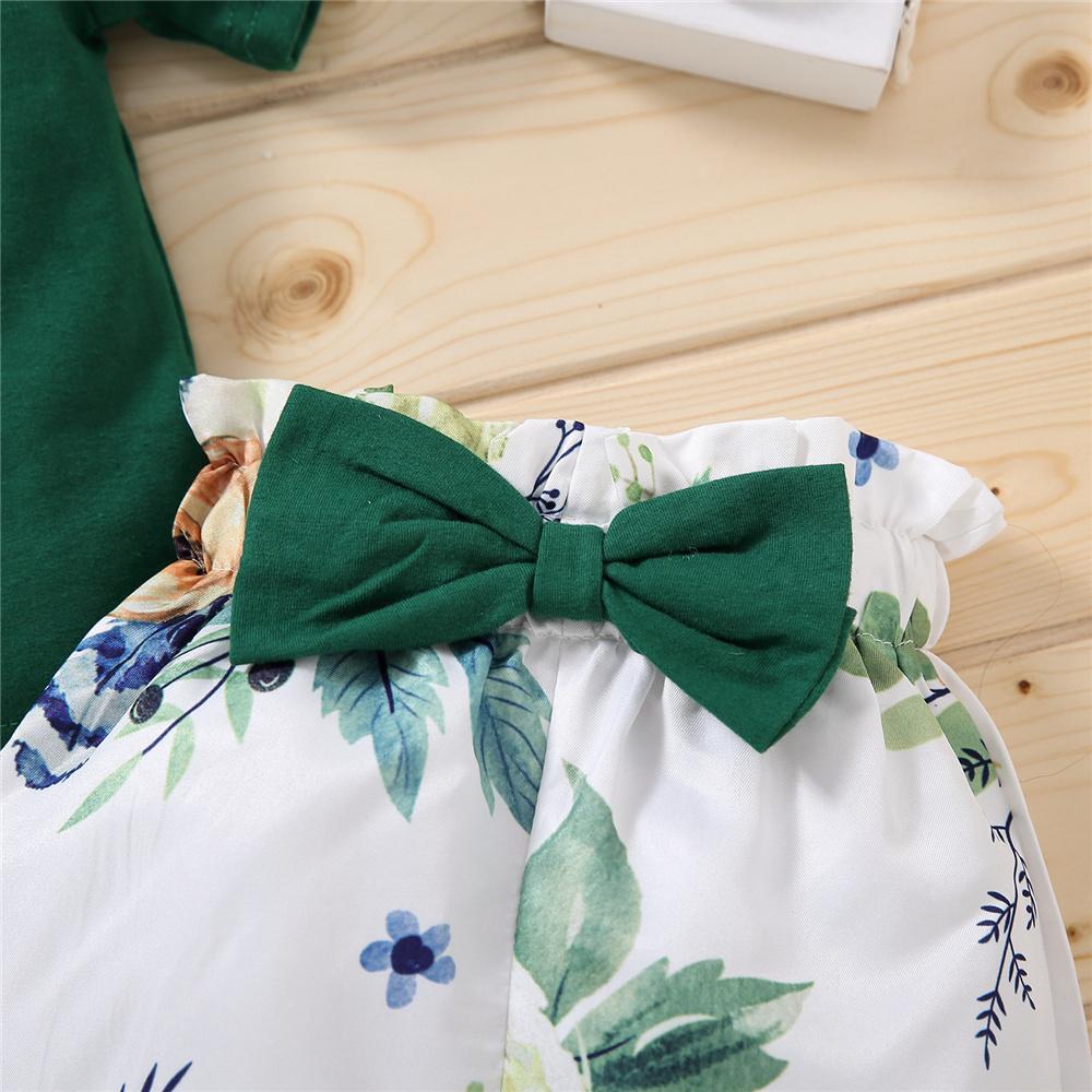 Girls Letter Printed Short Sleeve Top & Bow Printed Shorts & Headband kids wholesale clothing