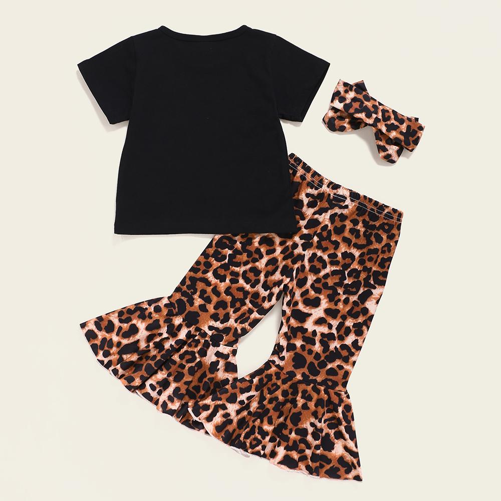 Baby Girls Letter Printed Short Sleeve Top & Leopard Bell Trousers & Headband cheap baby clothes wholesale
