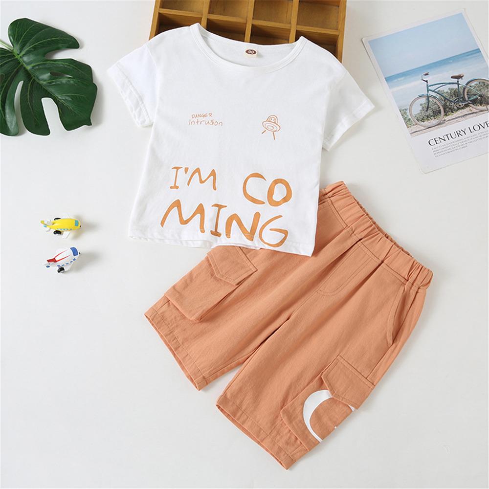Boys Letter Printed Short Sleeve Top & Shorts trendy kids wholesale clothing