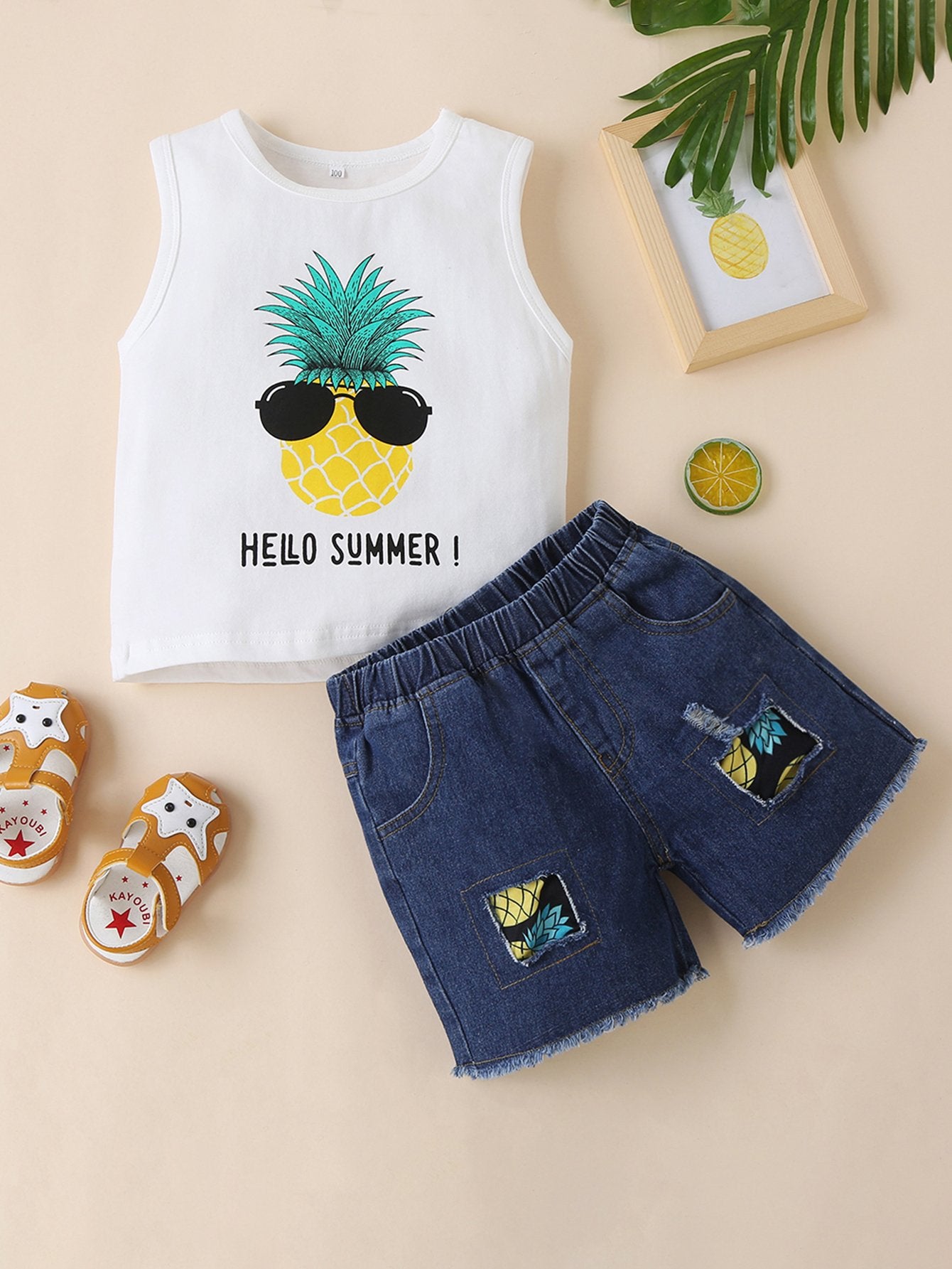 Unisex Letter Printed Sleeve Pineapple Vest & Denim Shorts wholesale childrens clothing