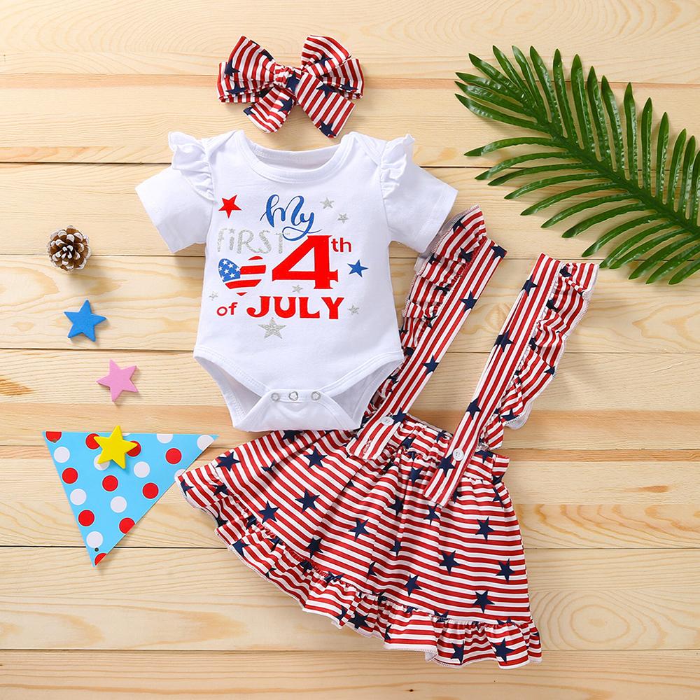 Baby Girls Letter Printed Striped Star Short Sleeve Romper & Suspender Skirt & Headband Wholesale Baby Clothes