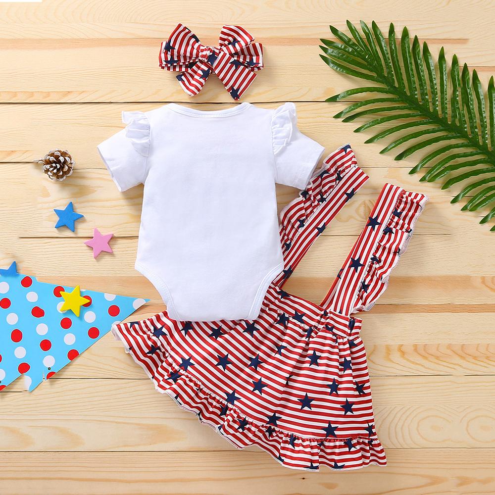 Baby Girls Letter Printed Striped Star Short Sleeve Romper & Suspender Skirt & Headband Wholesale Baby Clothes