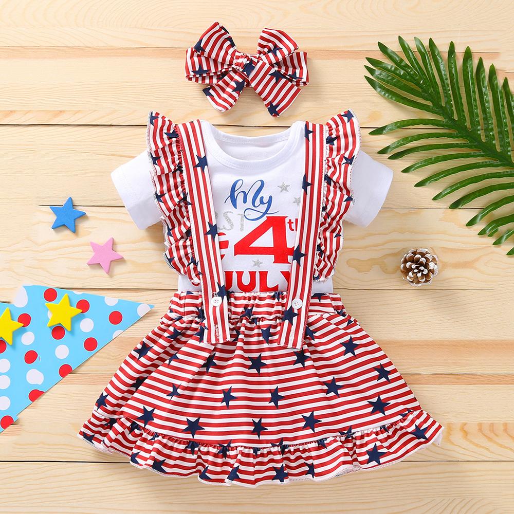 Baby Girls Letter Printed Striped Star Short Sleeve Romper & Suspender Skirt & Headband Wholesale Baby Clothes