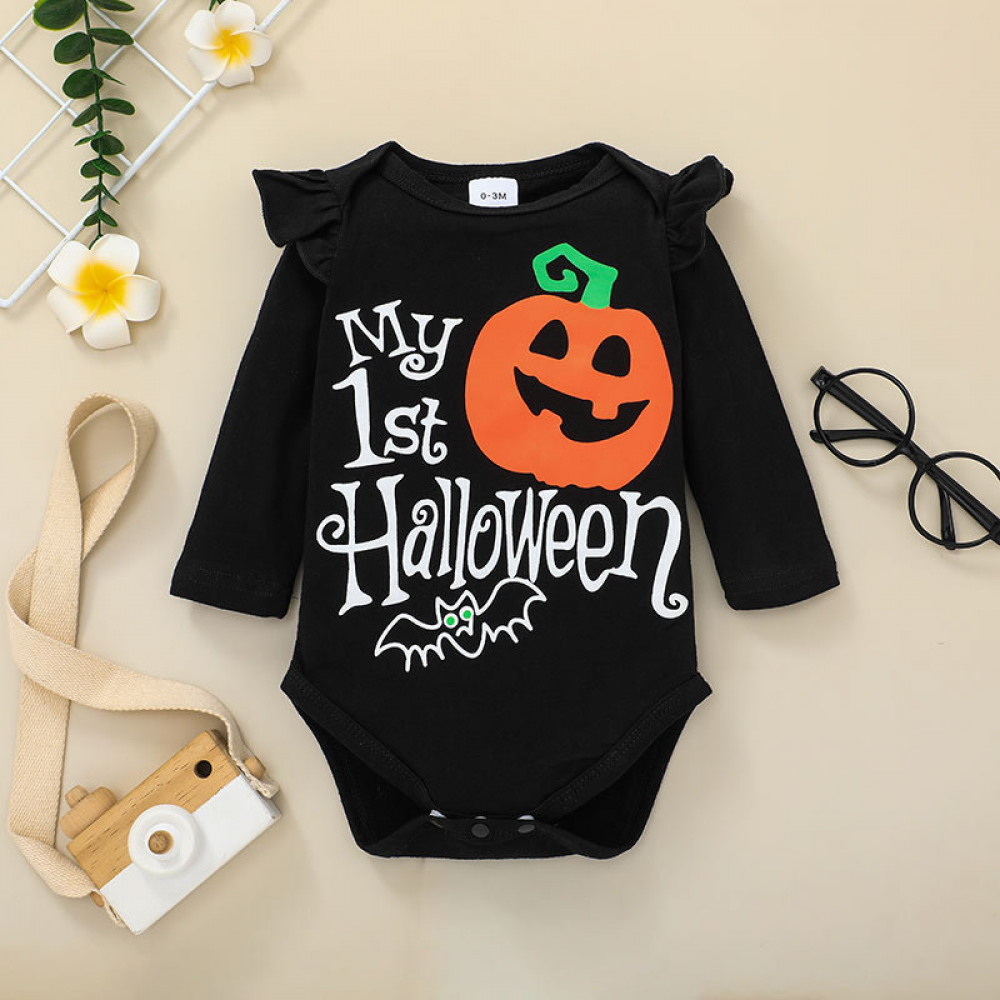 Baby Girls Letter Pumpkin Printed Romper & Polka Dot Pants & Headband baby wholesale clothing