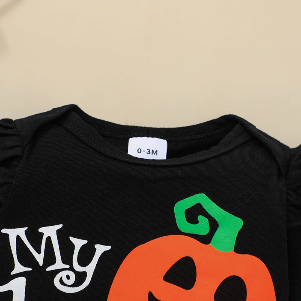 Baby Girls Letter Pumpkin Printed Romper & Polka Dot Pants & Headband baby wholesale clothing