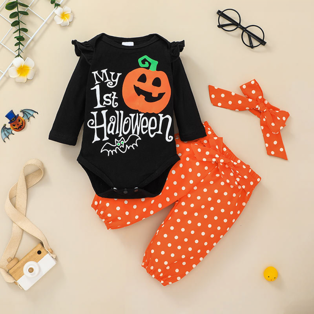 Baby Girls Letter Pumpkin Printed Romper & Polka Dot Pants & Headband baby wholesale clothing