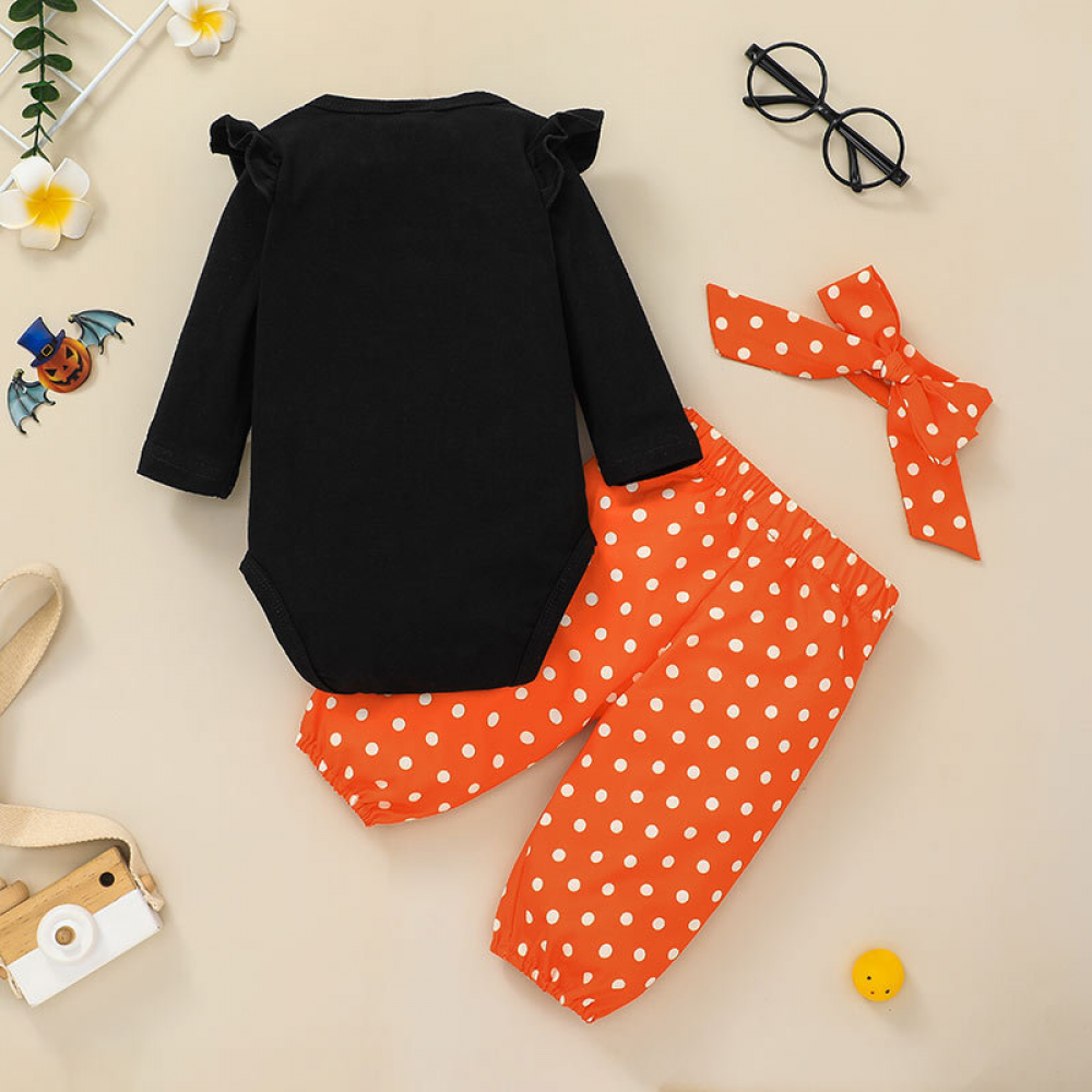 Baby Girls Letter Pumpkin Printed Romper & Polka Dot Pants & Headband baby wholesale clothing