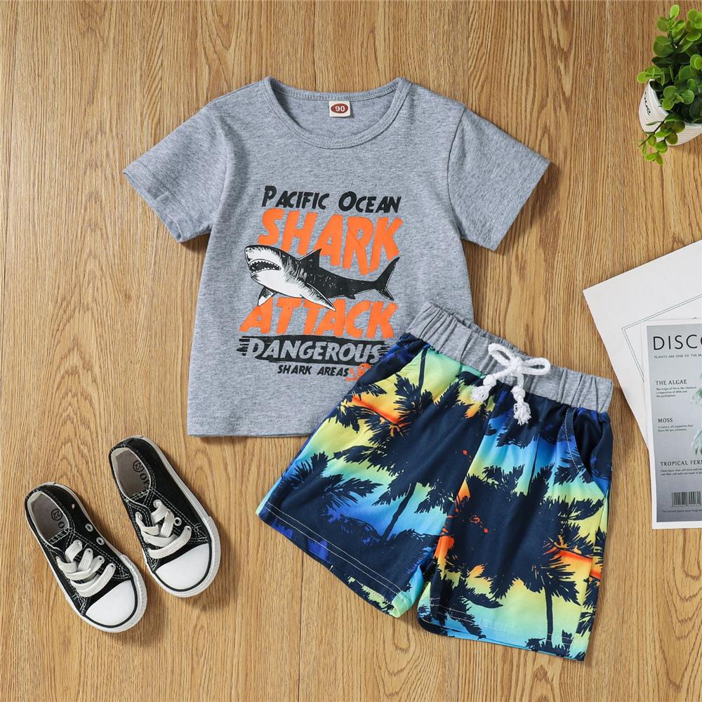 Boys Letter Shark Printed Short Sleeve Top & Shorts childrens wholesale clothing