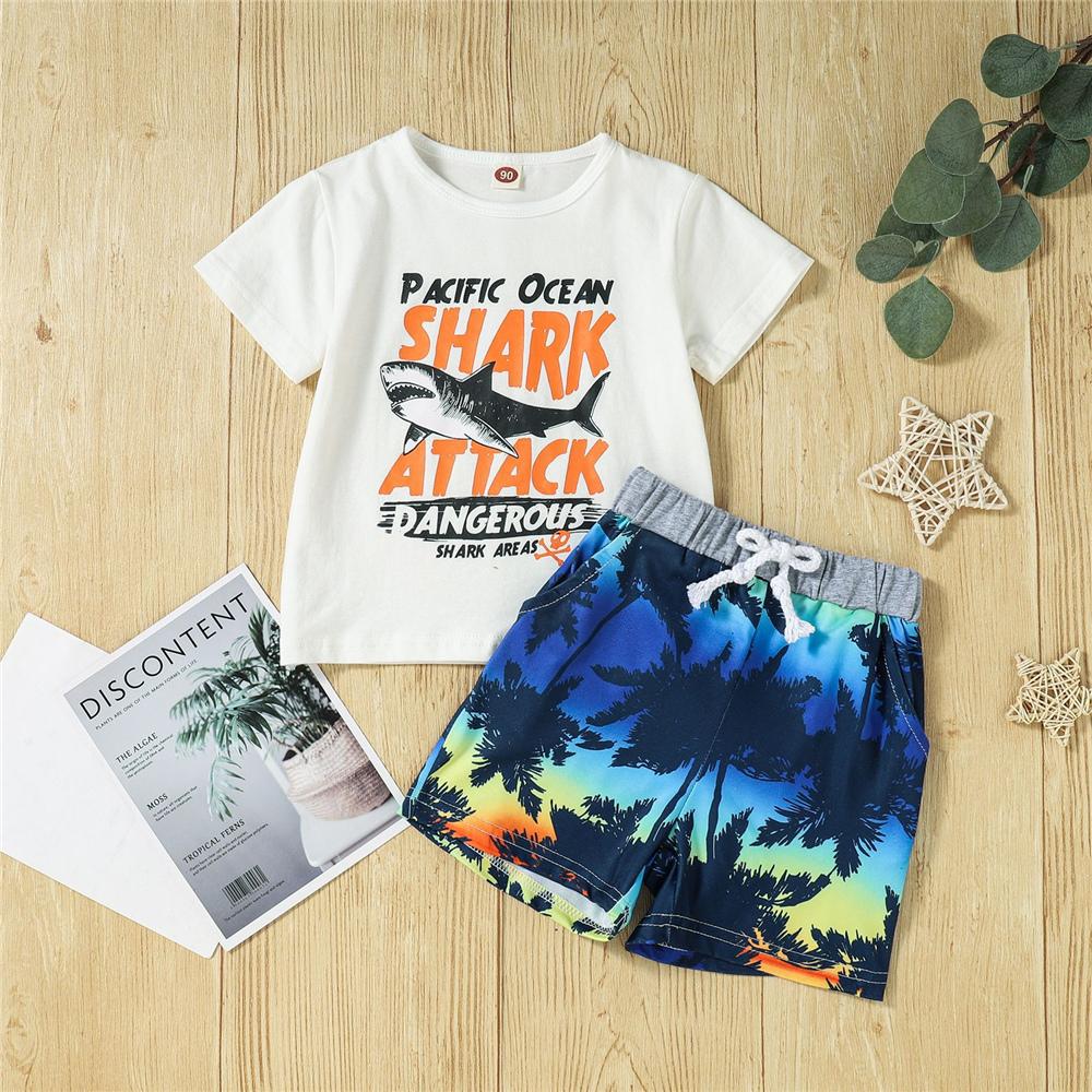Boys Letter Shark Printed Short Sleeve Top & Shorts childrens wholesale clothing