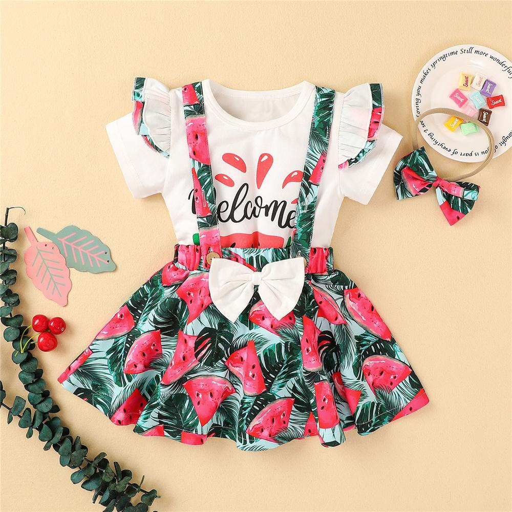 Girls Letter Watermelon Printed Short Sleeve Top & Suspender Skirt & Headband wholesale kids clothing