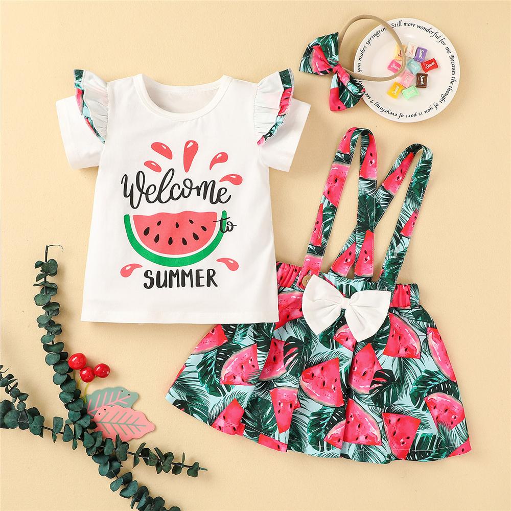 Girls Letter Watermelon Printed Short Sleeve Top & Suspender Skirt & Headband wholesale kids clothing