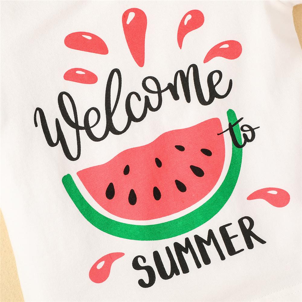 Girls Letter Watermelon Printed Short Sleeve Top & Suspender Skirt & Headband wholesale kids clothing