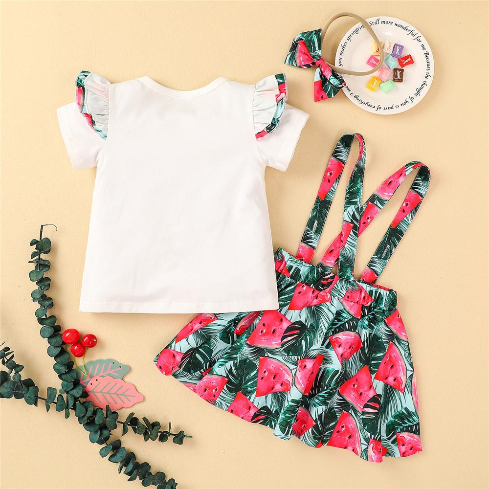 Girls Letter Watermelon Printed Short Sleeve Top & Suspender Skirt & Headband wholesale kids clothing