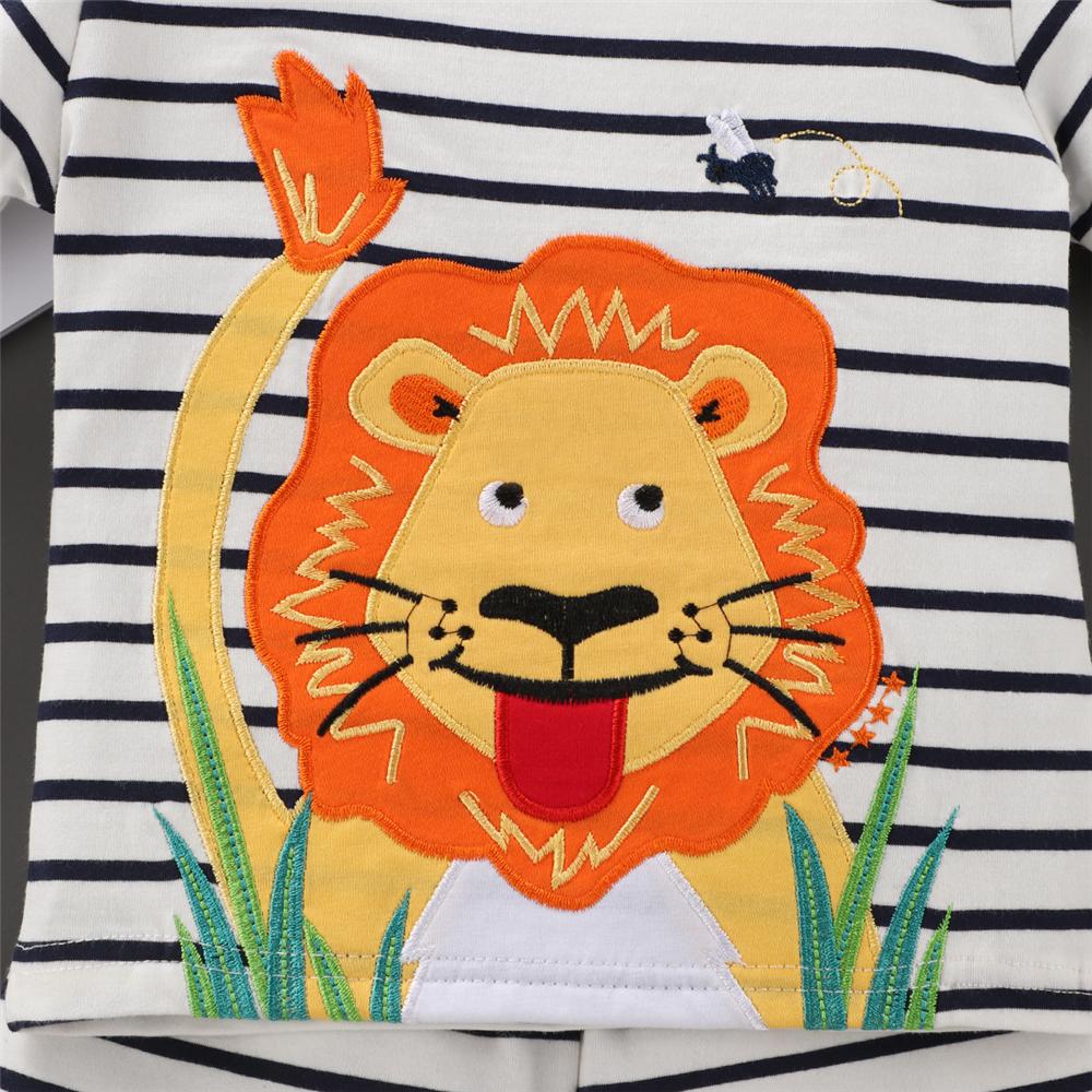 Boys Lion Printed Stripe Short Sleeve Top & Shorts Boy Summer Outfits