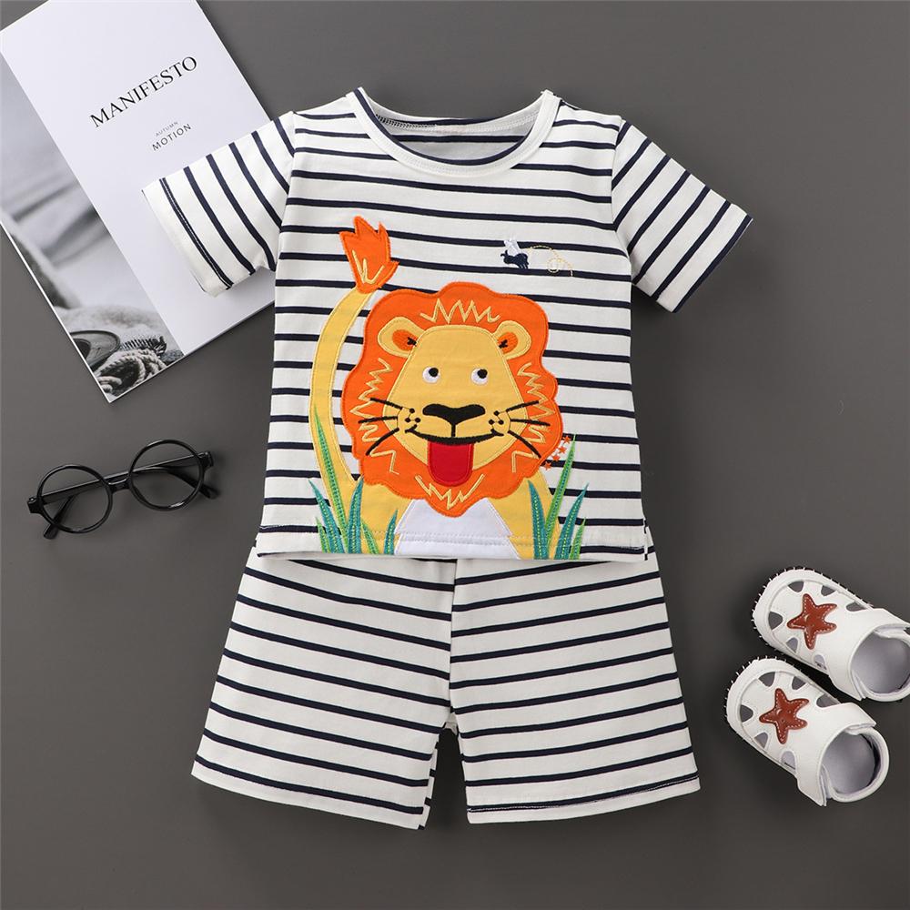 Boys Lion Printed Stripe Short Sleeve Top & Shorts Boy Summer Outfits