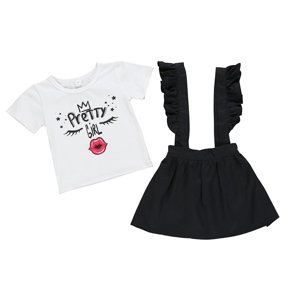 Girls Lips Pretty Girl Short Sleeve Top & Solid Suspender Skirt bulk childrens clothing suppliers