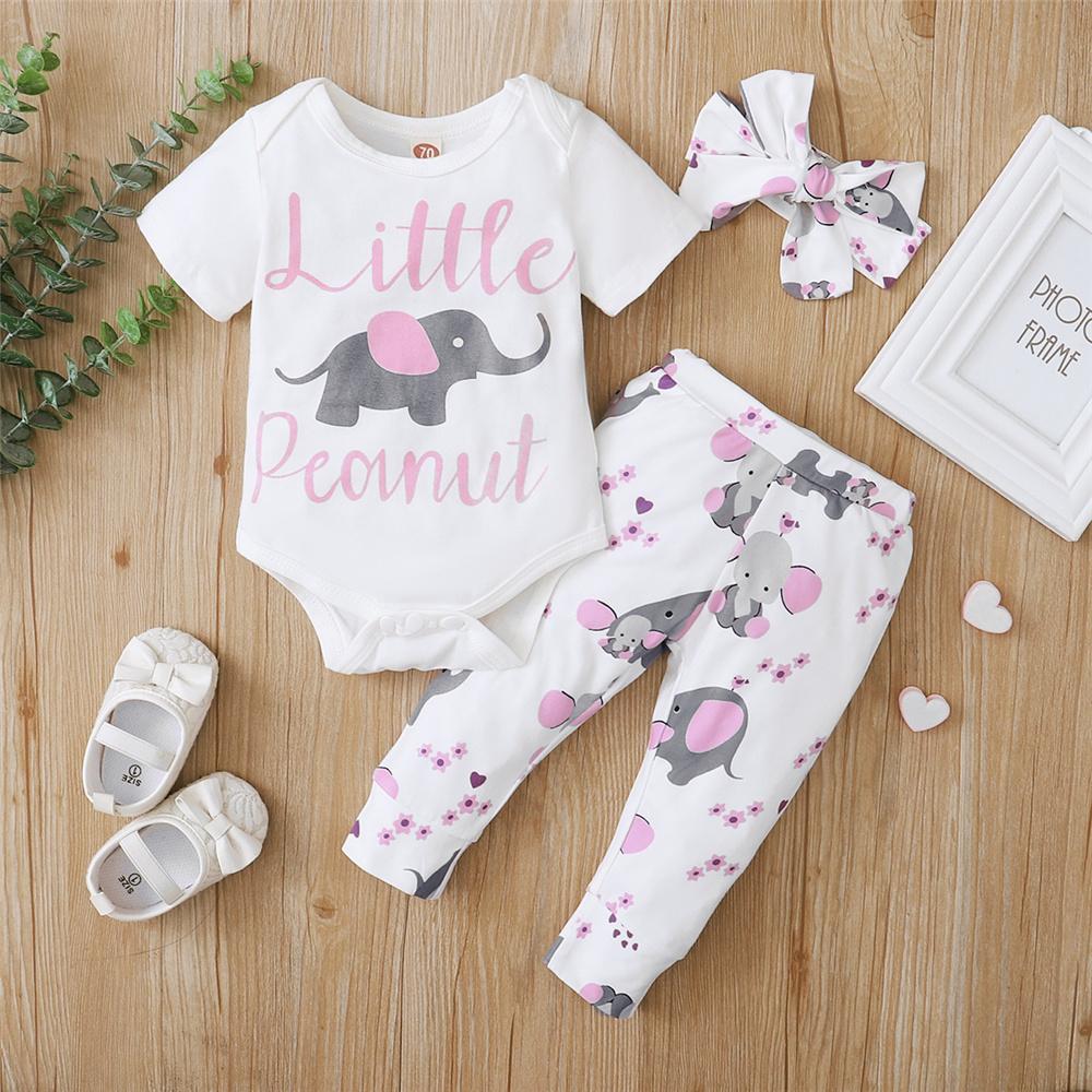 Baby Girls Little Peanut Elephant Printed Short Sleeve Romper & Pants & Headband baby wholesale