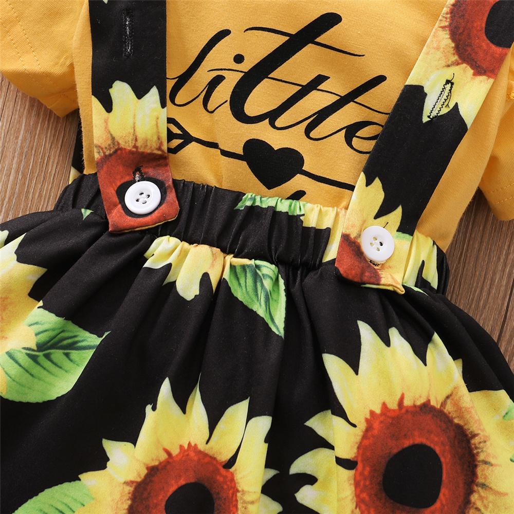 Baby Girls Little Sister Printed Ruffled Short Sleeve Romper & Sunflower Suspender Skirt & Headband Wholesale Clothing Baby