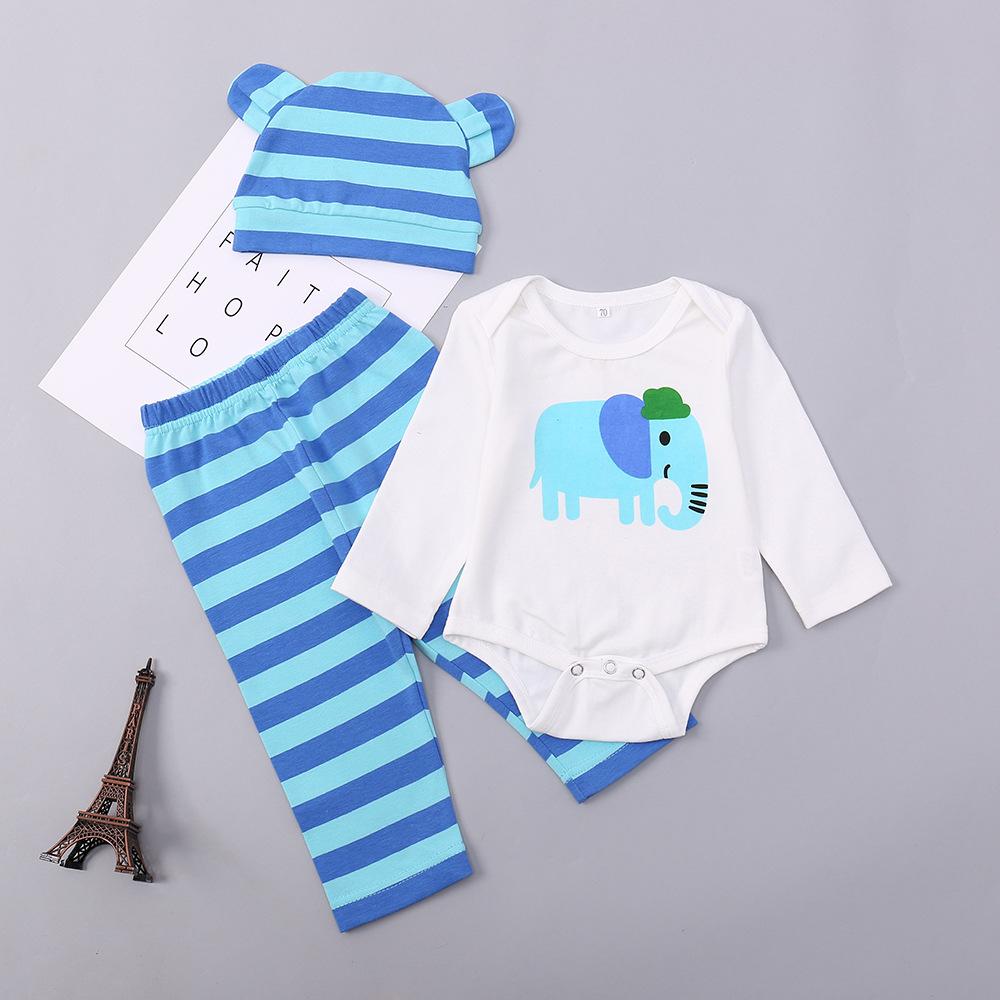 Baby Boys Long Sleeve Animal Printed Romper & Striped Pants & Hat baby wholesale clothing