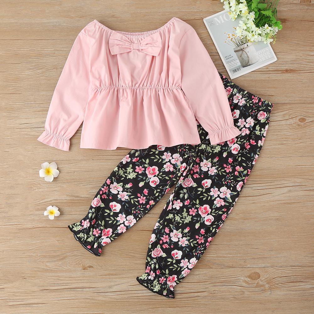 Girls Long Sleeve Bow Top & Floral Pants kids wholesale clothing