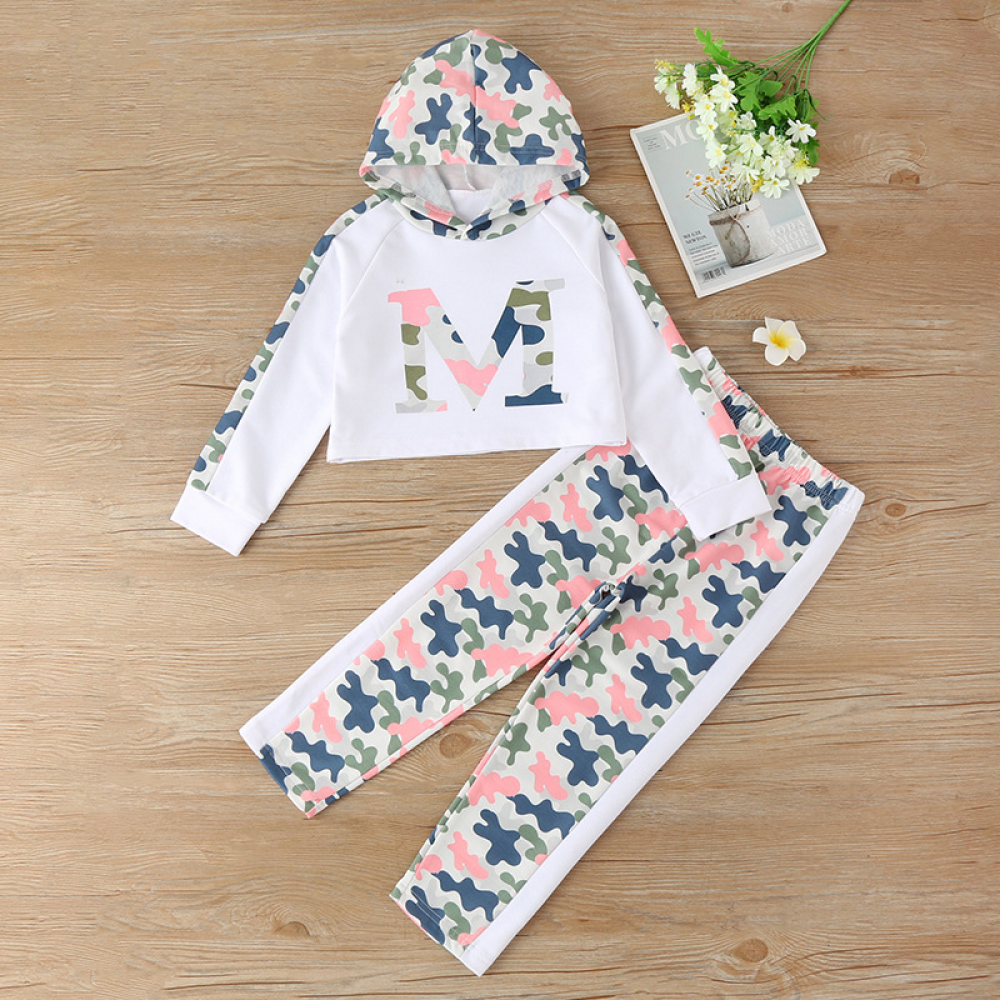 Girls Long Sleeve Camouflage Hooded Top & Pants trendy kids wholesale clothing