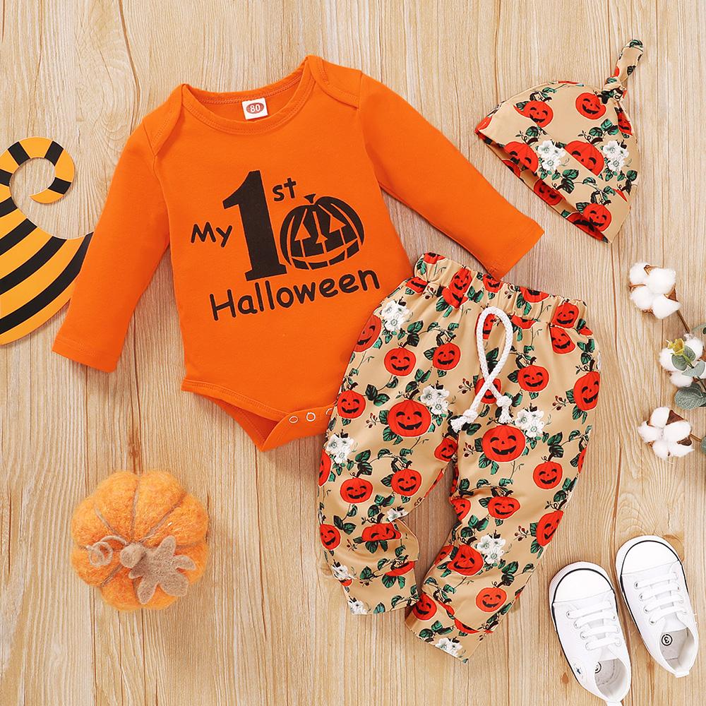 Baby Long Sleeve Cartoon Letter Halloween Romper & Pants & Hat Wholesale Baby Clothes